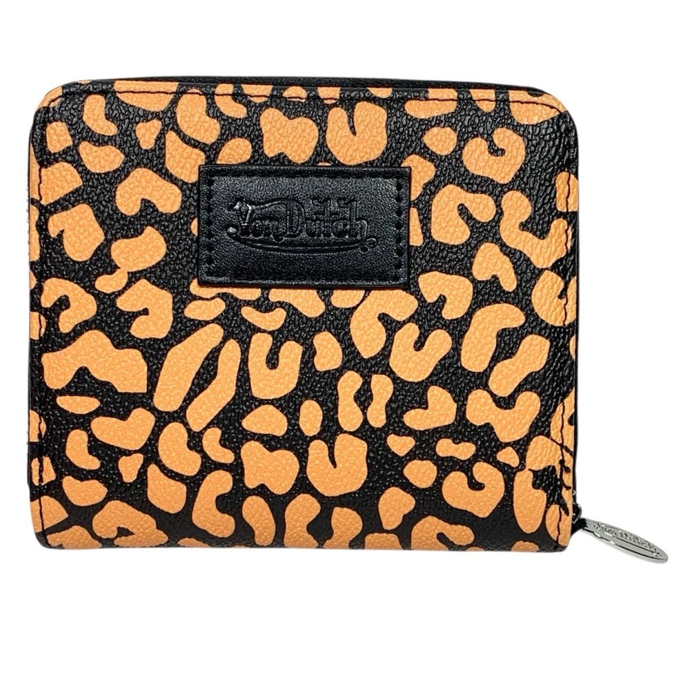 Von Dutch Orange Cheetah Zip Up Bifold Vegan Leather Wallet Logo Accent NWT